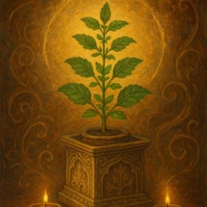 “holy tulsi artwork with diyas – traditional indian wall art