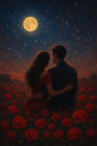 moonlit romance – couple in rose garden wall art