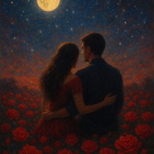 moonlit romance – couple in rose garden wall art
