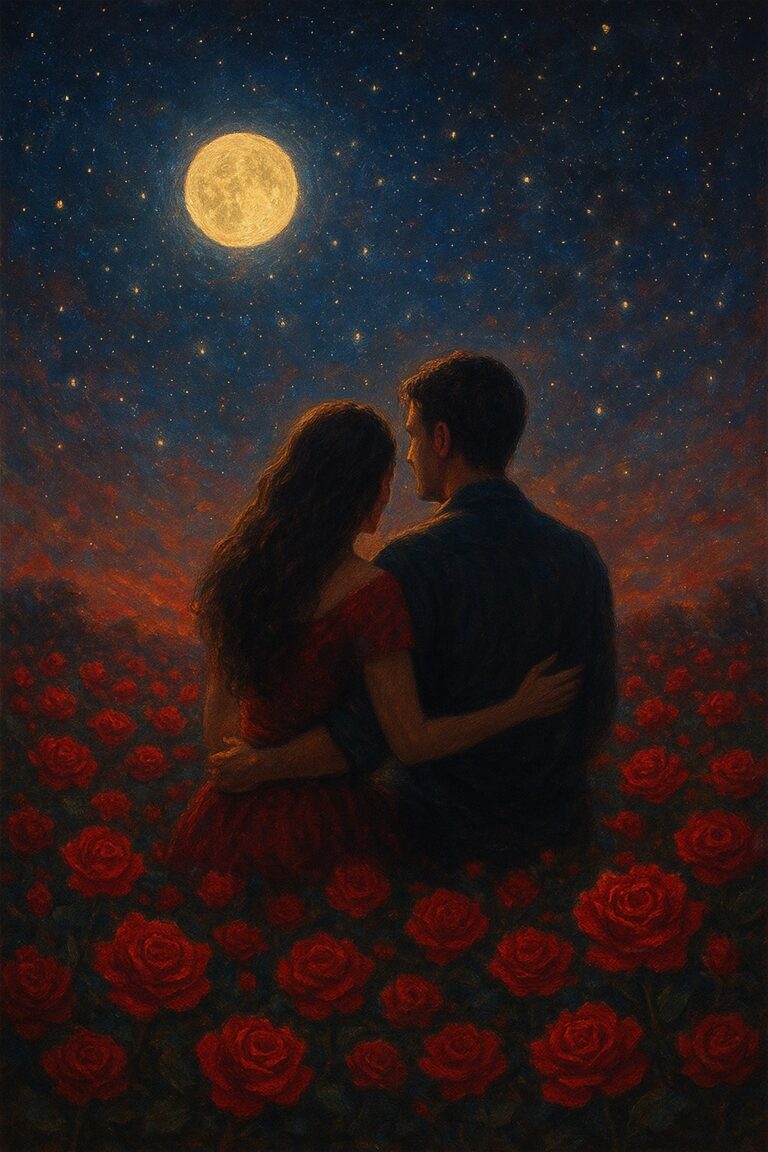 moonlit romance – couple in rose garden wall art